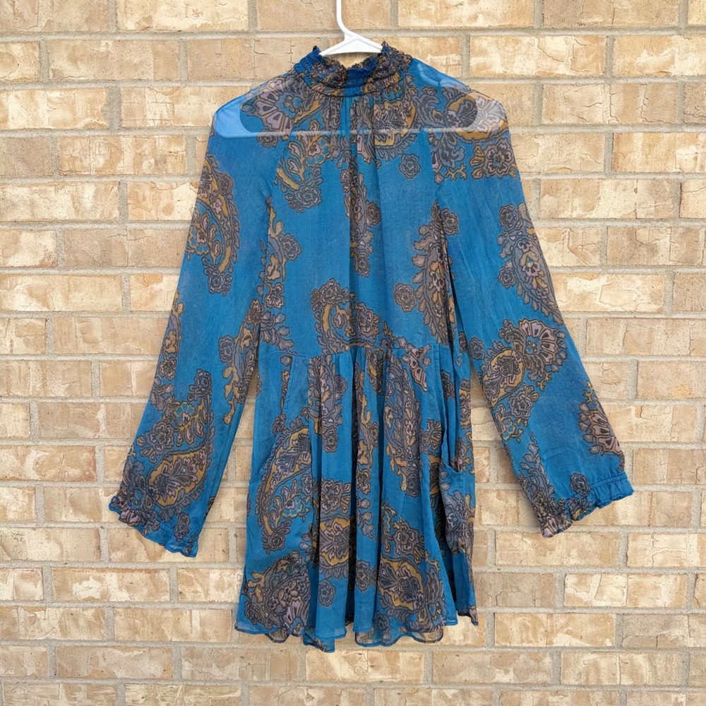 Free People Moonstruck Printed Mini Dress Small Blue Paisley Print Sheer NO SLIP